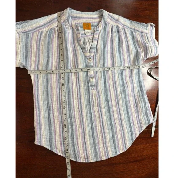 Ruby Rd Womens Cotton Gauze Striped Henley Top Medium Coastal Beachy Casual - Picture 4 of 5